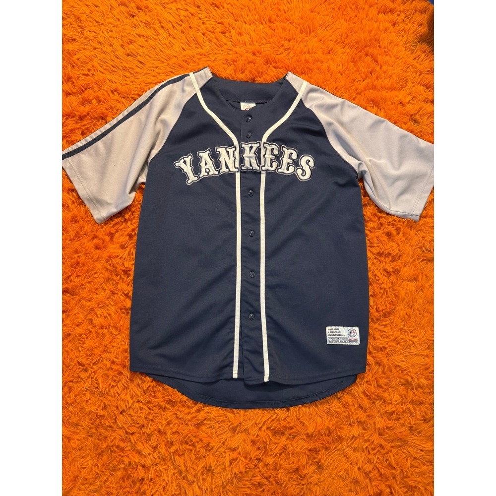 True Fan MLB New York Yankees Baseball Jersey Mens Large Navy Blue Grey ButtonUp